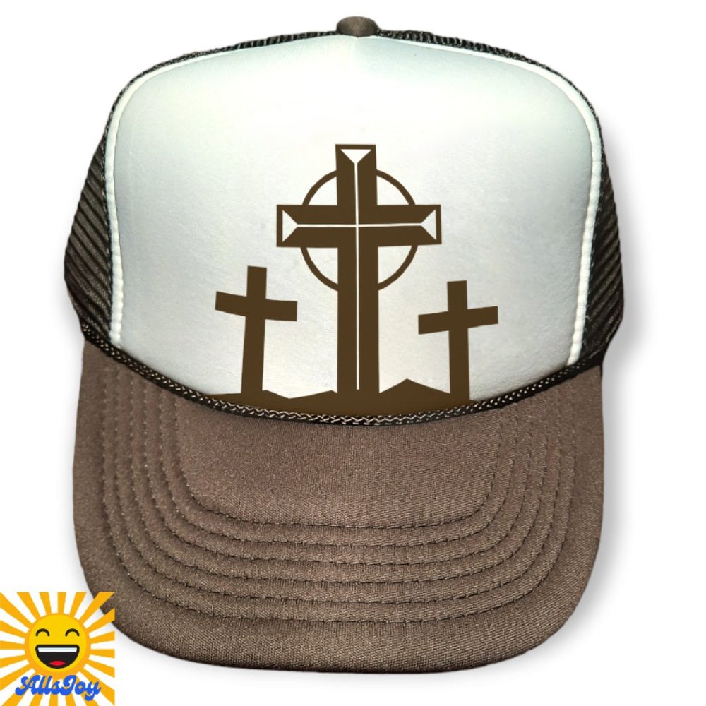 CROSS OF CALVARY Foam Trucker Hat Snapback Cap Brown/White